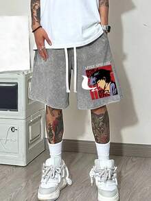 Anime-Inspired Spike Spiegel Print Washed Shorts, Stylish Graphic Beach & Casual Wear - Dark Grey - View 1