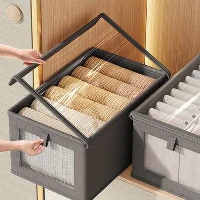 大容量收纳篮，耐用布艺衣柜收纳盒，带透明窗口，可折叠带盖，适合家居收纳、整理家居用品，可折叠收纳盒、衣物收纳盒、储物容器
