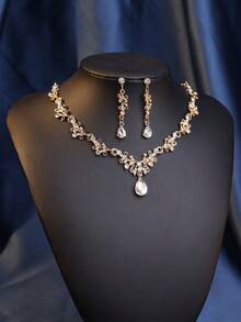 4件套皇冠头饰套装，优雅水晶女王皇冠项链耳环新娘婚礼配饰 - 金色 - 查看 3