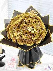 68/45/23 闪亮金玫瑰花束，DIY 闪光玫瑰花束，人造玫瑰花束，适合情人节、房间装饰、仿真花、玫瑰花束配白色满天星、假花、新娘捧花、订婚派对、婴儿派对装饰 - 金色 - 查看 3