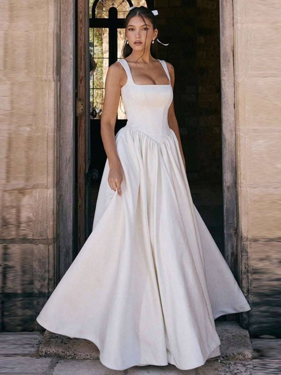 Women's Autumn New Elegant Solid Color Slim A-Line Maxi Dress - White - View 1