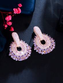 1 par de pendientes colgantes largos y grandes de circonita cúbica de lujo en color morado y rosa para bodas y fiestas - Morado - Ver 4