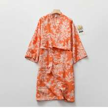 提花腰带睡袍，女士棉质花卉开襟浴袍，中长款睡衣连衣裙，轻薄休闲家居服 - 橘色 - 查看 12