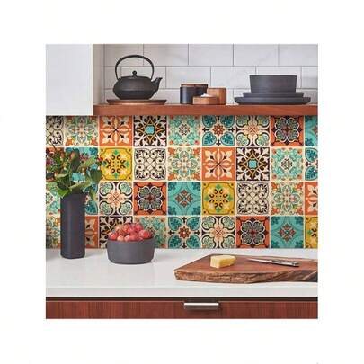 10 Sheets/Set Of Bohemian Tile Self-Adhesive Wall Stickers, Peel Off Stickers, Waterproof Living Room, Kitchen, Bedroom Wall Stickers, Vinyl Wall Stickers, Household Wall Decorations, 11.81x11.81 Inches