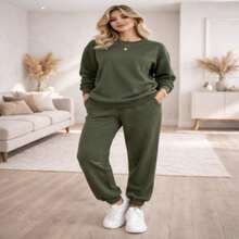 Women's Agate Comfortable Winter Set – High-Waisted Jogger Pants With Cuffs And Long-Sleeved Crew Neck Blouse, Modern Casual Everyday Wear. - xanh quân đội - Xem 1