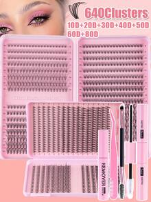 640pcs Eyelash Extension Kit, DIY Eyelash Extension Set (8-16mm), Individual Cluster Lashes D Curl Eyelash Extension Kit With Glue, Sealer And Lash Applicator, Eyelash Set, Eyelash Clusters, Eyelash Glue, Artificial Black Eyeliner Suitable For Daily Use, Party, Travel Or Gift For Family And Friends - 黑色 - 查看 11