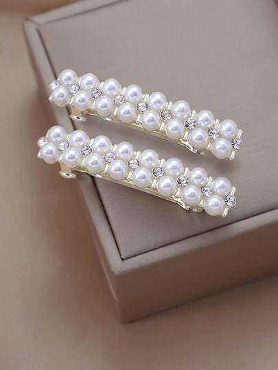 1 Pair Faux Pearl Decorated Hair Clips, Minimalist Korean Style Metal Spring Clamps For Ponytail, Hair Claws, Hair Slide, Hair Barrettes, Hairpin, Bobby Pins, Accessories,Summer,Holiday,Travel