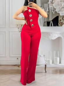 ChicMe Mono asimétrico sin tirantes con decoración de hebilla metálica para mujer, mono ajustado de pierna ancha sexy para fiesta de cóctel - Rojo - Ver 2