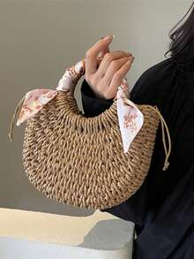 Large Capacity Round Straw Bag, Fashionable Hollow-Out Beach Vacation Tote Bag, Versatile Handbag & Shoulder Bag - Brown - View 2
