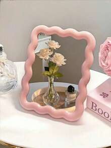 1pc Cute Wavy Cream-Colored Makeup Mirror, Suitable For Desktop/Wall Mounting, Applicable For Dorm, Vanity, Office, Makeup, Room Decor, Wardrobe, Travel, Bedroom, Cosmetic Accessories, Small Mirror, Compact Mirror, Hand Mirror - Multicolor - View 9