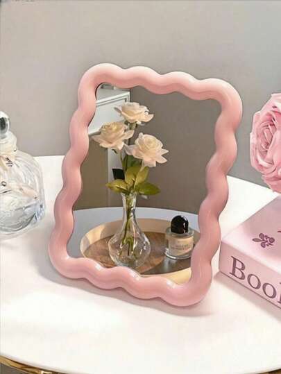 1pc Cute Wavy Cream-Colored Makeup Mirror, Suitable For Desktop/Wall Mounting, Applicable For Dorm, Vanity, Office, Makeup, Room Decor, Wardrobe, Travel, Bedroom, Cosmetic Accessories, Small Mirror, Compact Mirror, Hand Mirror