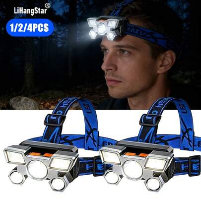 LiHangStar 1/2/4 Stücke tragbare 5 LED super helle Outdoor Stirnlampe, wiederaufladbare Batterie, dimmbar, geeignet für Reisen, Camping, Angeln, Jagd