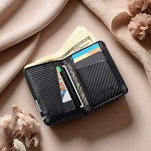 1pc Men's Fashion Carbon Fiber Pattern Wallet, Short Slim Design - Multi-Card Slots Business Minimalist Style Driving License And Credit Card Holder, Large Capacity Faux Leather Coin Purse, Suitable For Daily Use And Gifting - Black - View 3