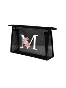 黑色网眼袋，印有创意花卉和A-Z字母图案，透明网眼化妆品收纳袋，大容量多功能旅行包，适合收纳化妆品、文具、珠宝首饰，适用于居家、旅行、商务、游泳等多种场合，也适合办公室、学校、工作、通勤、户外、旅行等。化妆包、化妆品收纳包、洗漱包、化妆品收纳袋、化妆包、洗漱袋、旅行包、度假必备品、女性旅行礼物。 - 黑色 - 查看 18