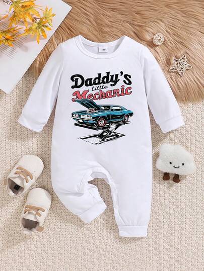 可爱婴儿长袖连体衣，印有可爱卡通字母图案 - 四季皆宜，男女宝宝均可穿着