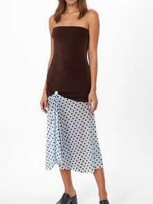 Women Strapless Midi Dress Slim Off Shoulder Sleeveless Dot Print Patchwork Ruffled Hem Dresses For Daily Party Club - Brown - View 3