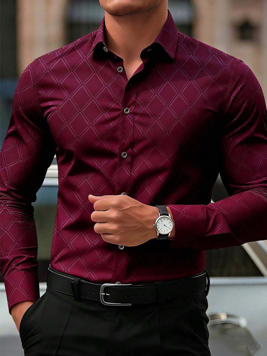 Men's Casual Business Commuting Diamond Pattern Long Sleeve Shirt, For Fall