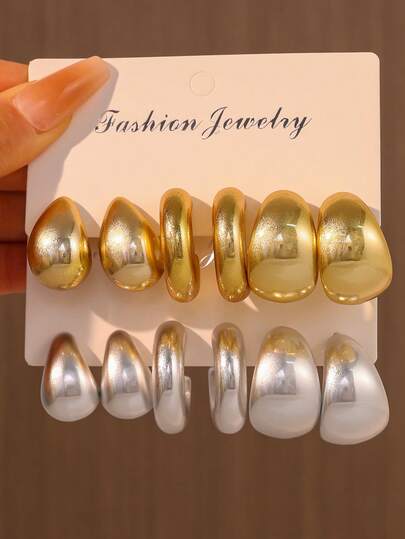 6-12pcs Fashion Lightweight Teardrop & C-Shaped Earring Set, Textured Thick C-Hoop Earrings, Suitable For Women's Daily Wear, Gift For Holidays