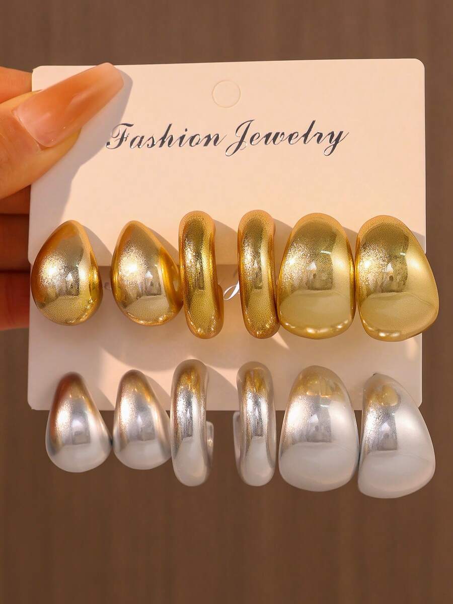 Juego de 6-12 piezas de pendientes de gota y en forma de C de moda, ligeros, pendientes gruesos con textura en forma de aro C, adecuados para uso diario de mujeres, regalo para días festivos - oro+plata - Ver 1