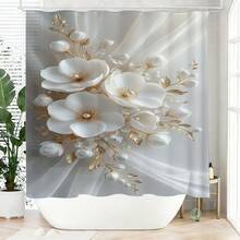 1pc 2D Floral Printed Shower Curtain, White, Elegant Shower Curtain, Made Of Polyester, Waterproof, Sheer, Suitable For Home And Bathroom Decor, Comes With 12 Hooks - A - View 5