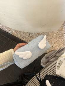 1个18cm*8cm*7cm尼龙手提包，水钻星星设计，羽毛装饰化妆品收纳包，新款ins风少女大容量化妆包，便携式文具袋，适合学生、中小学生，可装化妆品和文具 - 單件 - 查看 5