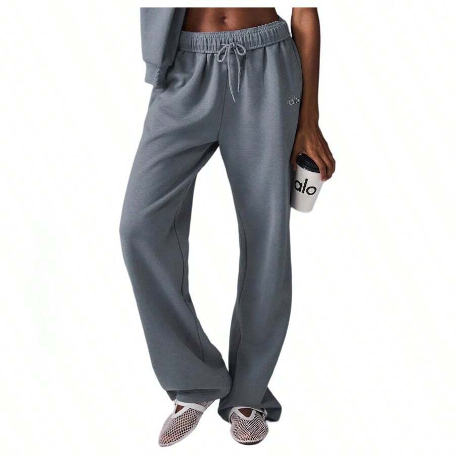 Alo Yoga Women's Accolade Straight Leg Sweatpant | Premium Heavyweight French Terry Fleece Track Pants | Soft Brushed Interior Loose Fit Lounge Pants | High-Waisted Open Bottom Luxury Joggers | Urban Fashion Wide Leg Cozy Sweatpants | Minimalist Streetwear Trousers With Chrome Logo - Steel Grey - View 1
