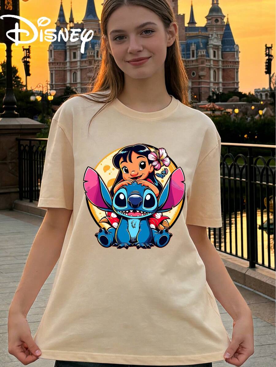 Disney Interstellar Baby Lilo Riding Stitch Printed Loose Short Sleeved T-Shirt Women's Casual Top - 杏色 - 查看 1