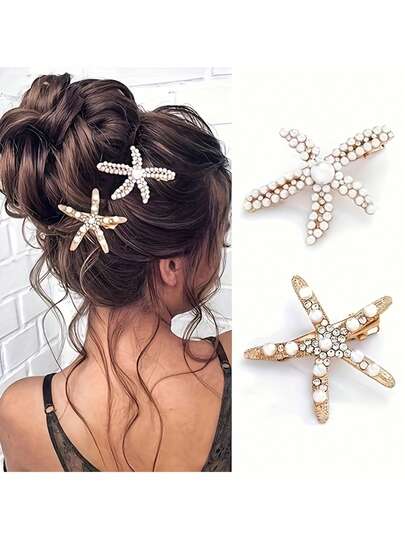 2pcs Set Faux Pearl Inlaid Starfish Hair Clips, Suitable For Wedding, Date, Vacation And Daily Wear, Elegant Hair Accessories For Women
