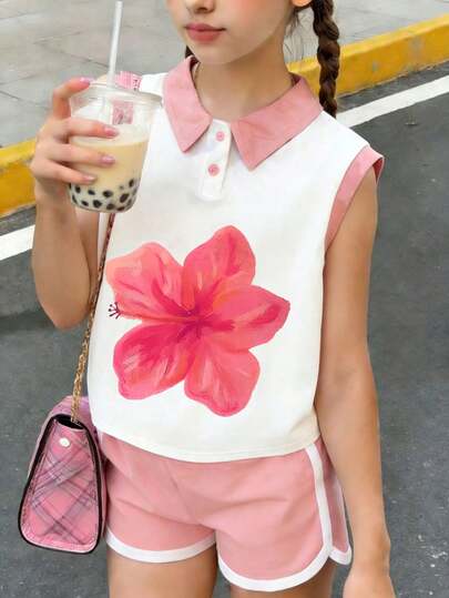 2pcs/Set Girls Floral Print Sleeveless Polo Shirt And Shorts Set, Cute Casual Outfit For Spring/Summer