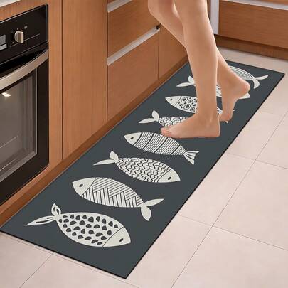 1 pièce Paillasson imprimé avec motif de poisson abstrait, tapis de cuisine en gel de silice, tapis de cuisine, tapis, facile à nettoyer, imprimé rectangulaire, convient pour le salon, la chambre, le couloir, la salle de bain, la buanderie - Tapis en polyester, convient pour la décoration intérieure et extérieure de la maison
