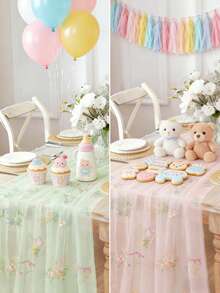 1 Stück Retro farbig bestickter Tischläufer mit Blumenmuster, transparente Mesh-Tüll Tischdecke, Elastan, Baby-Shower Party Tischdecke, Baby-Shower Zubehör, 1. Geburtstags Party Dekoration, Baby Mädchen/Jungen Party Dekoration, Gender Reveal Party Tischdecken Dekoration - Verschiedenfarbig - Übersicht 8