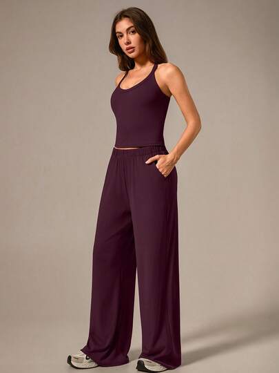 NcmRyu 1 Conjunto de Camiseta de Tirantes Finos Acanalada y Pantalones Anchos de Mujer Traje Deportivo