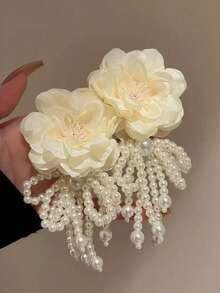 1对时尚优雅夸张花朵珍珠流苏耳环 - 白色 - 查看 1