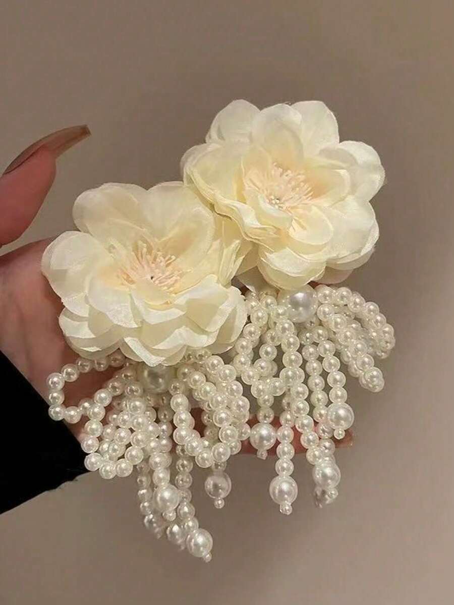 1对时尚优雅夸张花朵珍珠流苏耳环 - 白色 - 查看 1