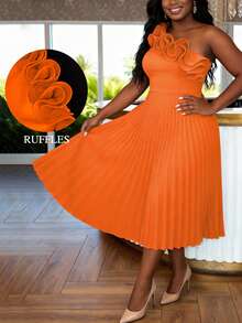 Women's Elegant Orange Pleated A-Line Dress, One Shoulder Layered Ruffle Trim, Mid-Length, Suitable For Spring/Summer Wedding Guest, Party, Evening Gown - Orange - View 3