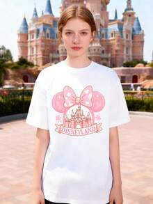 Disney Minnie Mouse Bow And Castle Pattern Women's T-Shirt, All-Season Round Neck Short-Sleeved Top, Comfortable And Soft Pure Cotton T-Shirt, Family-Themed Park Vacation Shirt, Suitable For Everyday Wear, Outings, School, Parties. - trắng - Xem 1