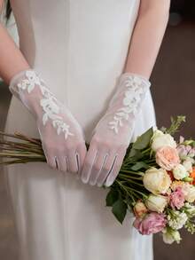 1 Pair Women's Beige Embroidered Lace Mesh Gloves, Pearl Tulle Bridal Gloves, Wedding Party Event Gloves - Beige - View 1