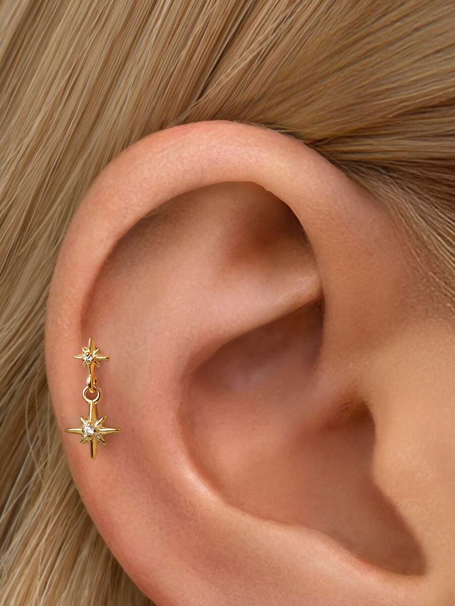 IN Z 1pc 925 Sterling Silver Gold-Plated Small Star Dangle Internal Thread Labret Stud | Cartilage Flat Ear Stud | Suitable For Women And Men Daily Wear (Sold Individually)