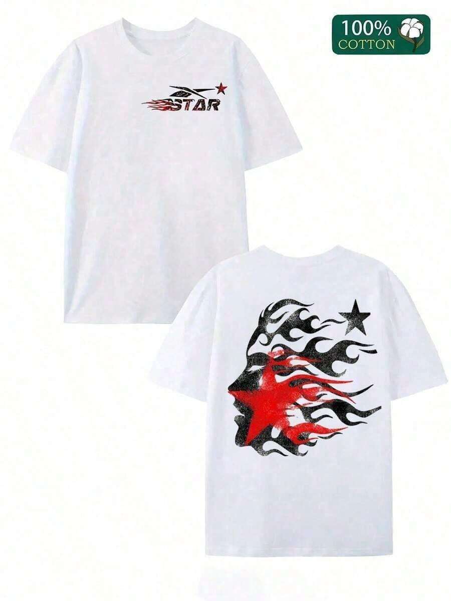 Double-Sided Digital Flame Face Printed-Shirt With Motif Breathable-Shirt | Avant-Garde Casual Wear 1Pcs Casual Soft Short Sleeve% Cotton 180gsm Graphic Tees Women Summer Clothes Graphic Tees Men - 白紅 - 查看 1