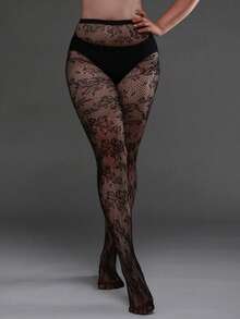 1 Pair Plus Size High Elasticity Floral Mesh Leggings, Women's Halloween Costume Tight Pants, Fashionable Sexy Black Mesh Pantyhose - Black - View 7