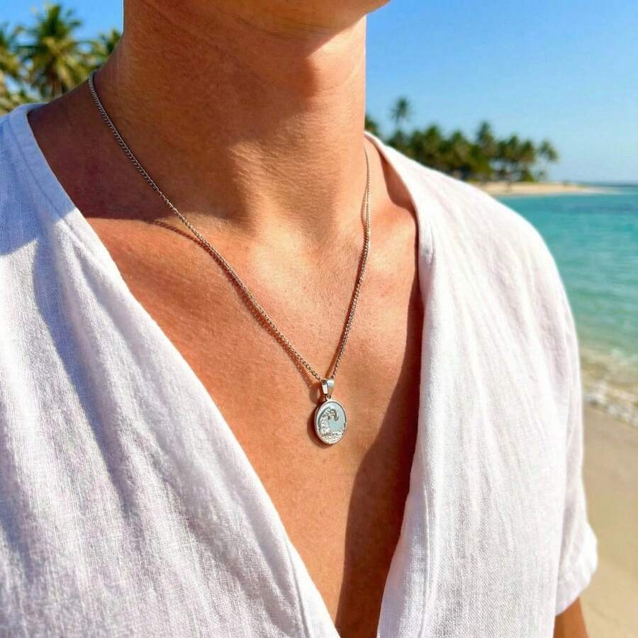 不锈钢海浪吊坠项链，海洋圆盘吊坠项链，旅行项链，海洋项链，男士礼物 - 銀色 - 查看 1