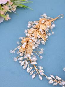 1pc Women's Wedding Leaf Alloy Pearl & Rhinestone Soft Chain Headband - Gold - View 5