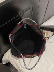 Embroidered Drawstring Bag, Vintage Letter Design, Student/Commuter Backpack - Black - View 6