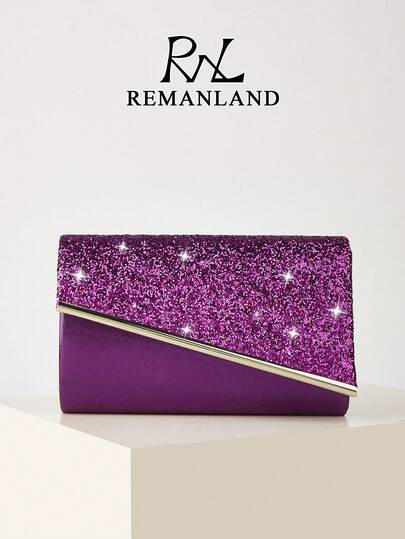 REMANLAND Women's Evening Bag, Purple Fashionable Solid Glitter Ladies Clutch Purse, Suitable For Evening Dress, Portable Wallet, Cosmetic Bag, Detachable Metal Shoulder Strap, Wedding, Dance, Gathering, Party