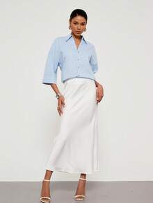 女士休闲宽松翻领衬衫，春夏款 - 淺藍色 - 查看 5