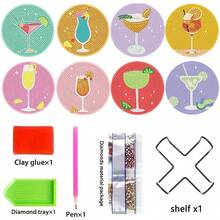 8件套DIY钻石画杯垫套装，带支架 - 果汁主题，圆形和不对称形状钻石，木制工艺套装，适合成人和初学者 - 查看 10