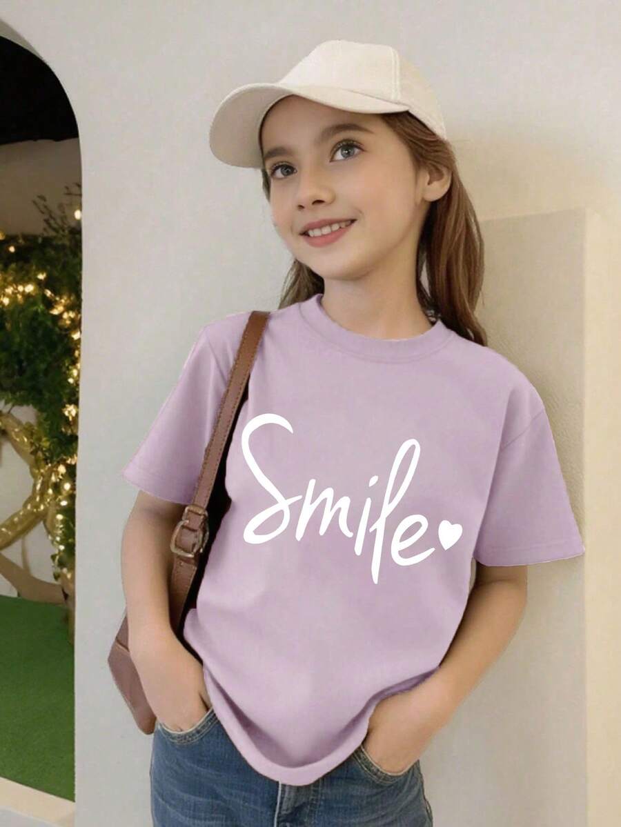 Smiling Girl Letter Print Round Neck Casual Short Sleeve T-Shirt, Soft And Comfortable For Spring/Summer Wear - Purple - View 1