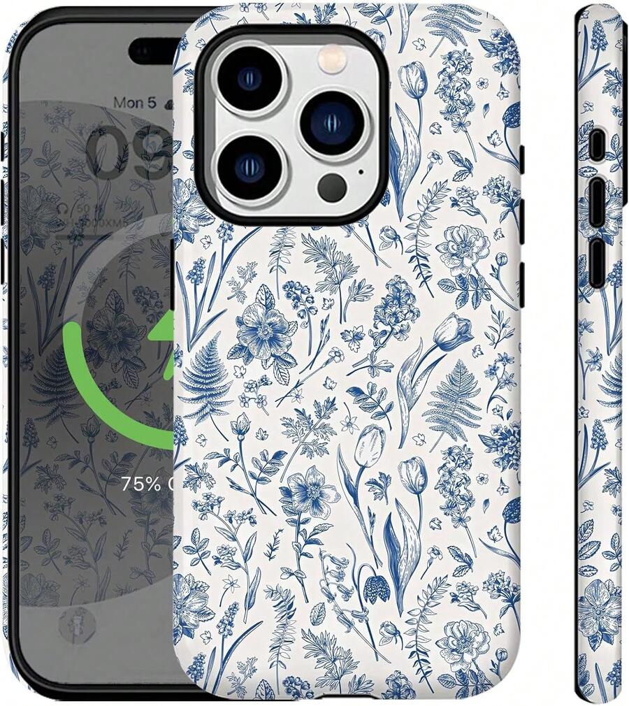 Compatible With 14 Pro Max Phone Case, Compatible With Magsafe, Vintage Blue Floral Design, Female Design, Rugge 2-In-1 Layered Scratch-Resistant Phone Case.Holiday AccessoriesPhone Case, Suitable For 17 Pro Max/17 Air/ 16 Pro MAX/15 Pro Max/14 Pro/13 Pro/12/11, Personalized Phone Case For Men And Women, Middle Eastern Style - 設計1 - 查看 1