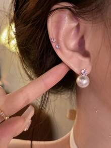 High Quality Handmade Earrings, Button Pearl Earrings, 925 Sterling Silver Plated Columnar Earrings With Cubic Zirconia, Hypoallergenic Pearl Earrings, Bridal Wedding, Birthday Gift For Women - Silver - View 3