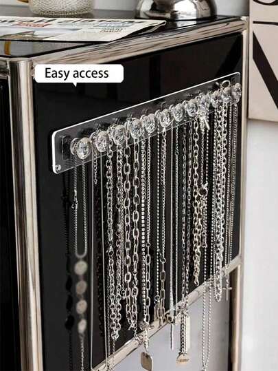 1 قطعة منظم مجوهرات شفاف قابل للتثبيت على الحائط - رف عرض متعدد الخطاطيف للعقود والأساور والأقراط - مثالي لمنضدة التجميل والخزانة والسكن الجامعي، مثالي لتخزين المرأة والسفر وديكور الخريف وزينة عيد الهالوين